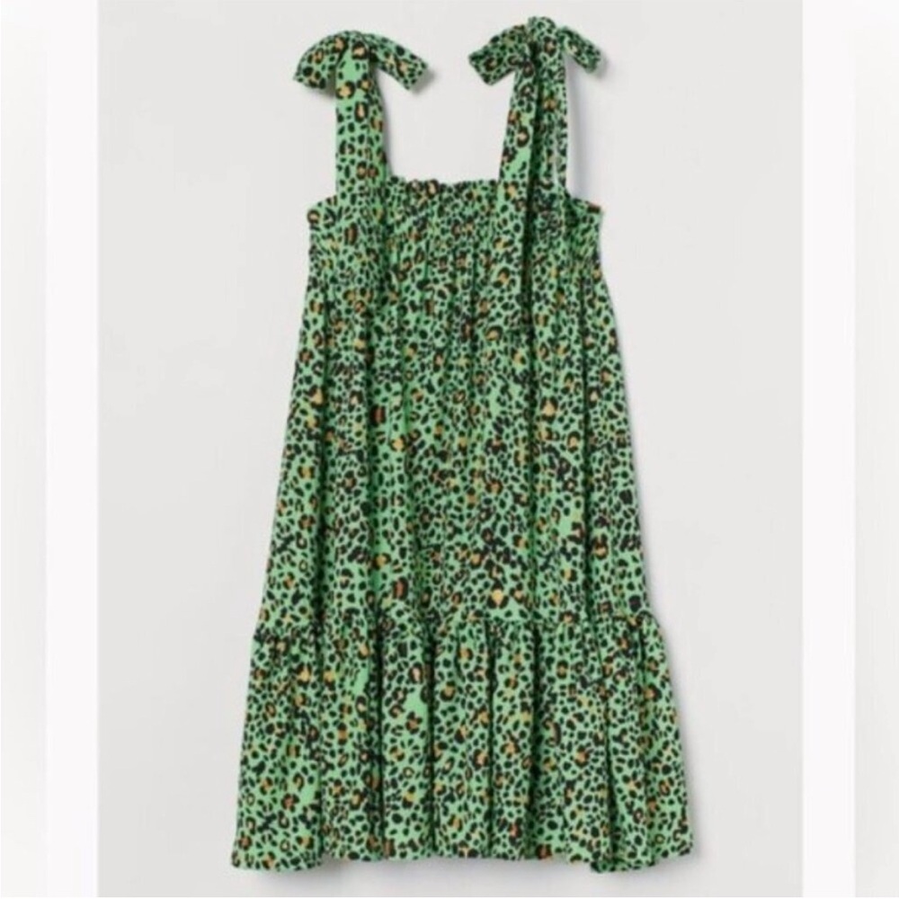 H&M bright green leopard print babydoll dress size XS